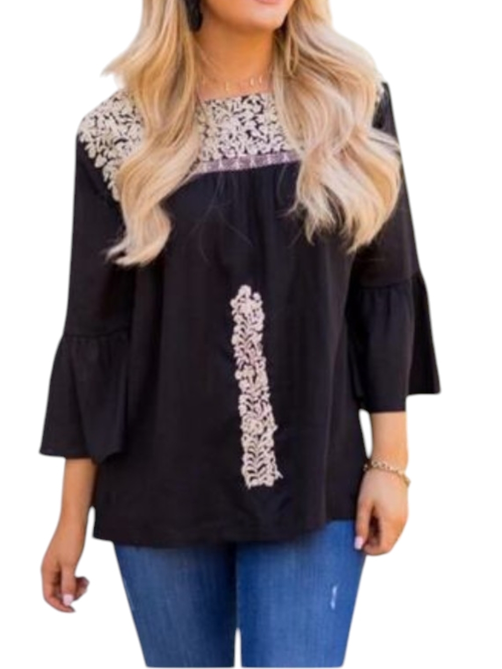 j. Marie The Amanda Black/Cream Embroidered Bell-Sleeve Peasant Blouse